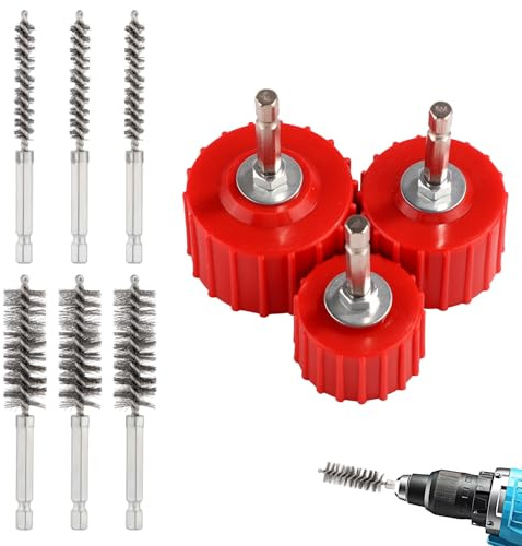9pcs Copper Pipe Cleaner Set for Power Drill, Include 1/2 3/4 1 Tube Brush and 6pcs Stainless Steel Wire Bore Brush Metal Pipe Cleaning Tool for Drill Clean Copper Tubes and Fittings for Soldering