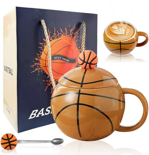 Tasse de basket-ball, 400 ml, en céramique, cadeau de basket-ball, avec couvercle et cuillère, tasse en céramique pour garçons, filles, fans de basket-ball, cadeaux d'anniversaire