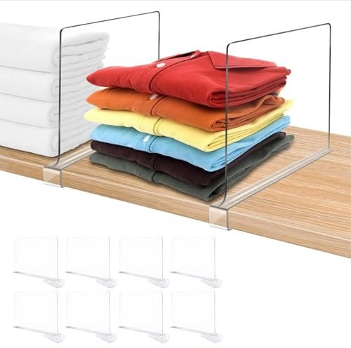 DYUEE Acrylic Shelf Dividers for Closet, 8 Pack Clear Closet Organizers and Storage Shelves, Bag Storage Organizer &Bookshelf Shelving Separators for Handbags, Clothes, Sweater, Towel, Offices