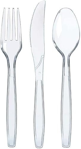 eMKay® 150Pcs Heavy Duty Reusable Clear Cutlery Set [ 50 Spoons, 50 Forks, 50 Knives Set ] Perfect for for Birthday Parties Buffets Picnics BBQ's Weddings Camping