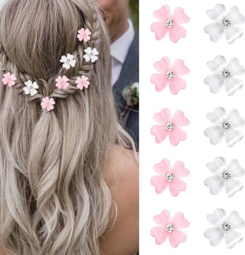 Mezrkuwr 10 mini horquillas para el pelo con flores blancas y rosas claras y diamantes de imitación, pinzas decorativas para el pelo de boda, accesorios para el pelo de novia
