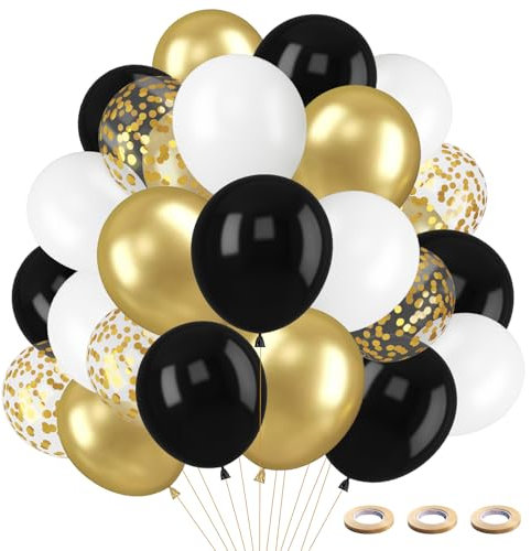 70 Stück Luftballons Schwarz Gold Weiß, Gold Metallic Ballons, Schwarzer Weiß Latex Ballons Golden Konfetti Luftballons mit 3 Rollen Band, für Hochzeit, Geburtstag, Jahrestag, Party Dekorationen