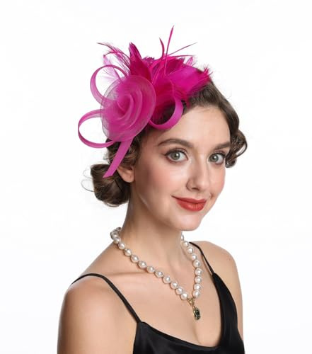 Fascinator-Hut, Federnetz, Schleier, Partyhut, Ascot Hut, Blumen-Derby-Hut mit Clip und Haarband für Damen, (B9-Fuchsia)