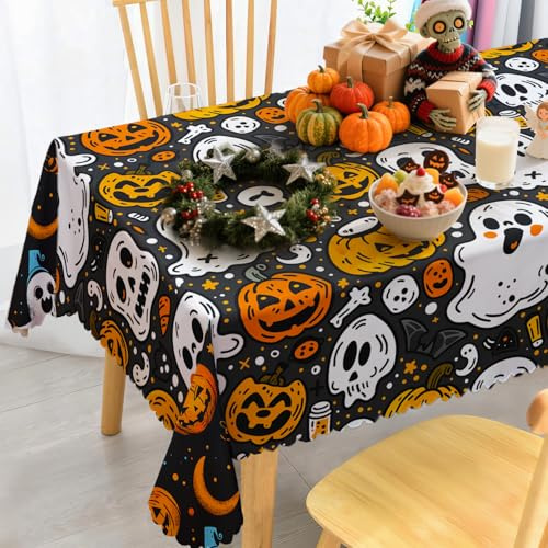 iEvery Halloween Table Cloth Wipe Clean, Wipeable Pumpkin Ghost Skull Tablecloth Rectangular, Halloween Decorations Outdoor Table Cover Polyester Waterproof for Kitchen Party 140x180cm