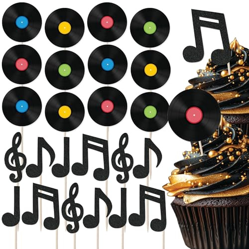 Vinyl Record Cupcake Toppers Set - 24pc - Vinyl Records & Black Glitter Music Notes | Perfect for Music Lovers | Birthday Celebration Cupcake & Cake Decorations