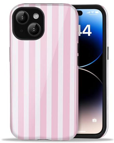 Amzfield Case for iPhone 15 Plus, Striped Dual Layer Shockproof Retro, Pink | Striped Lined Dual Layer Shockproof Retro Cute Girly for Girl Women Drop Protection Precise Cutouts Impact Resistant Artistic
