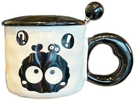 Zeyeo Tazza Da Latte Per La Colazione In Ceramica Da 350 Ml Con Coperchio E Cucchiaio, Carina Per L'uso Quotidiano(Doubt)