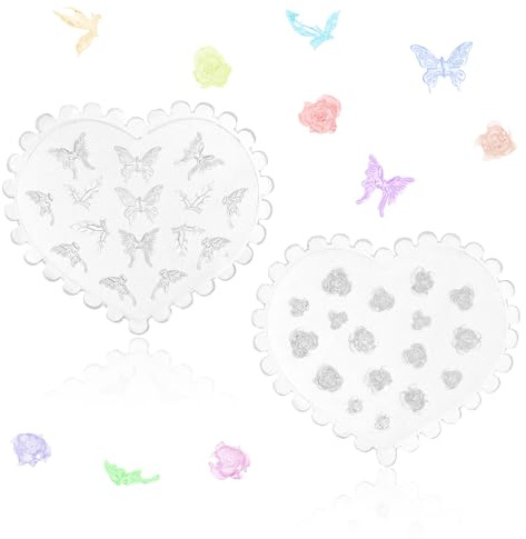 lasuroa 2pcs Moules à Ongles 3D Silicone, Motifs Roses et Papillons en Relief Pochoirs Décoration pour Ongles à Faire Soi-Même pour Vernis Gel et Manucure