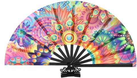 FANSU 2/4/6/8 Pack Large Handheld Folding Fan Laser Rave Folding Hand Fan Holographic Foldable Popping Line Dance Portable Clapper fan for Women Dancing Laser Rave, Printed (Flowers,4 pcs)