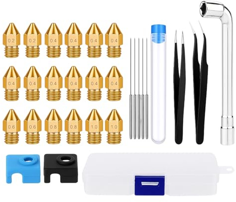 3D-Drucker Düsen Kit 18 Stück MK8 Messing Nozzles (0,2/0,4/0,6/0,8/1,0 mm) mit 12 Zubehörteilen Gesamt 30-teilig, Kompatibel mit 1,75 mm Filament Hotend CR-8 / CR-10 / Ender 3 / Ender 3S / 5/6