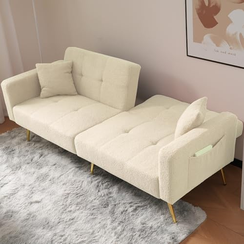 Sofa 2 Sitzer Schlafsofa mit Schlaffunktion, Klappsofa Sofa mit verstellbarem Rückenlehnen, Bettcouch Für Wohnzimmer, Zimmer, Schlafzimmer,Beige