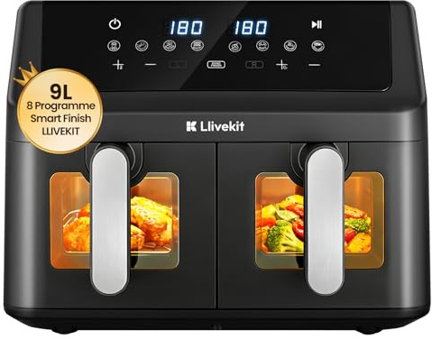 LLIVEKIT 9L Dual Zone Air Fryer, 2×4.5L Independent Double Drawers | Sync Finish, Viewing Window & Interior Light, 4D Hot Air Circulation, 8 Cooking Presets, Uses No Oil Cooking for Family