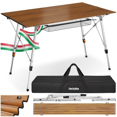 tectake® Table Pliante 90 x 52 x 47-70 cm, Réglable en Hauteur, Résistante aux intempéries, Table de Camping Pliable en Aluminium, Filet de Rangement, Sac de Transport, Max. 35kg - Aspect Bois