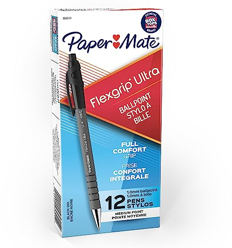 Paper Mate FlexGrip Ultra Retractable Ballpoint Pens, Medium Point, Black, Box of 12