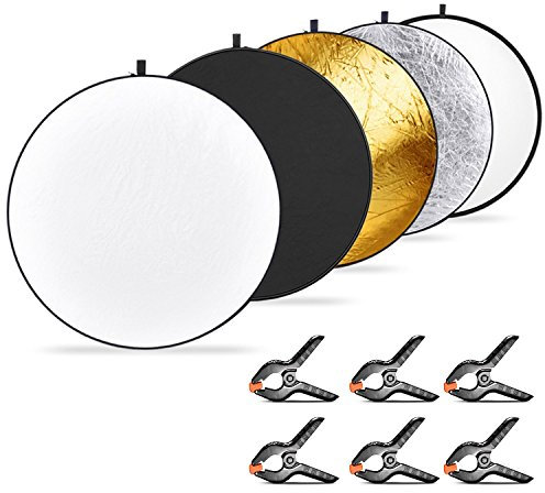 Neewer rund Faltreflektor Set 110 Zentimeter und 6 stück Baumwollstoff Hintergrund Federklemme, Lichtdurchlässig/Silber/Gold/Weiß/Schwarz Reflektor für Studio oder Outdoorsfotografie