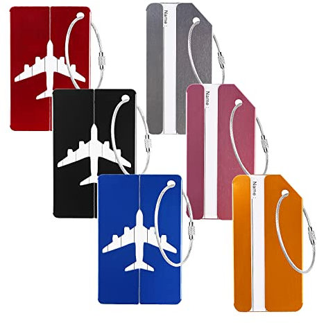 6 Pcs Étiquette Bagage, ZoomSky Etiquettes Valise Avion en Aluminium avec Cordes en Acier Inoxydable Pour Voyage Identifier