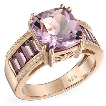 Art Deco Stil 5,45 Karat Kissen Smaragdschliff Pink Amethyst Ring Für Frauen Mit Rhodolith Granat Baguette, Roségold Plattiertem .925 Sterling Silber