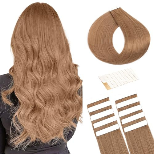 TESS Tape Extensions Echthaar Hellbraun #6 Klebeband Haarteile Tape in Remy Human Hair Glatt Haarverlängerung 10 Stück 24(60cm)-25g