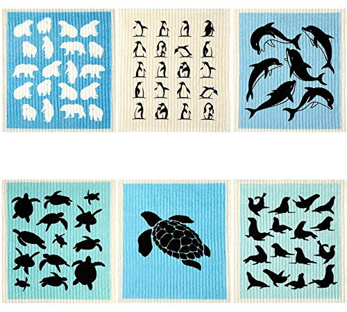 6 Pieces Ocean Animals Swedish Cleaning Cloth Dishcloth Kitchen Cleaning Table Towels Dishtowel Absorbent European Dish Cloth for Kitchen Bathroom Office Present for Wedding Housewarming