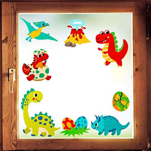 alles-meine.de GmbH Fensterbilder Motivwahl 8 TLG. Set - Dinosaurier - Dino Eier & Vulkan - statisch haftend - selbstklebend + wiederverwendbar - Set Sticker Fenstersticker A..