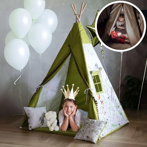 PaLulli® Tipi Zelt für Kinder aus 100% Baumwolle mit Kuschelmatte, Anti-Kollaps-System [Stabil], Camping-Hängelampe & 2 Dekokissen, Tippi Kinderzelt Teepee Spielzelt