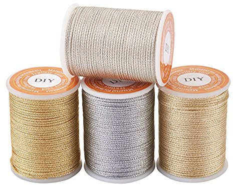Beadthoven Metallic-Kordel, für Schmuck, Polyester, geflochtenes Faden, Bastelschnur für Weihnachtsschmuck, zum Aufhängen, Handarbeit, Verpackung, 7 m / Rolle, 4 Rollen