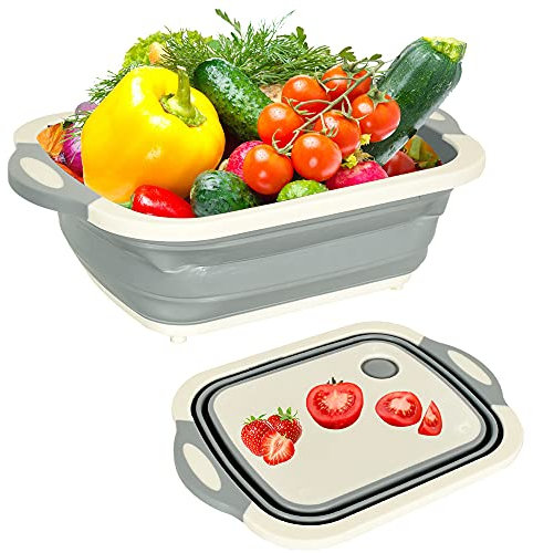 Multi-Function Folding Cutting Board Drain Basket,Folding Drain Basket, Cutting Board， Fruits Vegetables Wash and Drain Sink Storage Basket (grey)