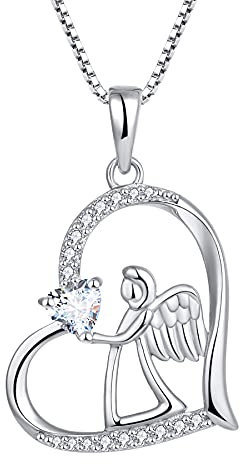 FJ Herz Schutzengel Kette Damen 925 Sterling Silber Engel Anhänger Engelsflügel Halskette April Geburtsstein Weiß Zirkonia Kette Schmuck Geschenke für Frauen Mädchen