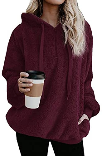 Hoodie Damen Oversize Teddy Pullover Teddyjacke Pulli Teddy Fleece Sweatshirt Kapuzenpullover Fleecejacke Kapuzenpulli Warm Langarm Lose Winter Tops Oberteile Casual mit Tasche (Burgunderrot, L)