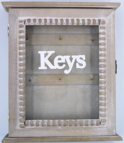 G.B. Boîte à clés en bois avec porte transparente avec crochets pour fixation murale et 6 crochets pour clés (25 x 22 x 5 cm) vieilli