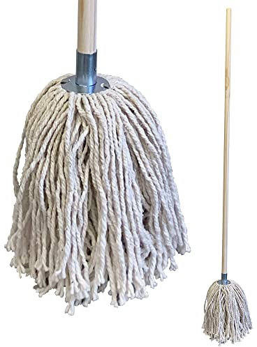 Pure Yarn Industrial Mop with Wooden Handle, Large String Mop with Galvanised Socket, Highly Absorbent Yarn Cotton Head and 120cm Handle, Heavy Duty for All-Around Floor Cleaning