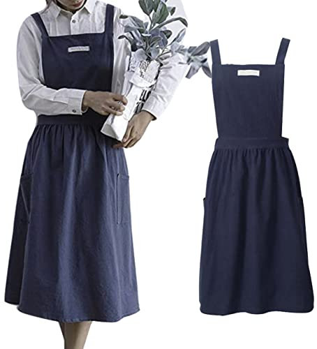 Delantal de cocina para el hogar, delantal de lino y algodón, vendaje cruzado, ropa de trabajo para jardín, catering para hornear, restaurante comercial, pintura, tallado de ropa (azul marino)