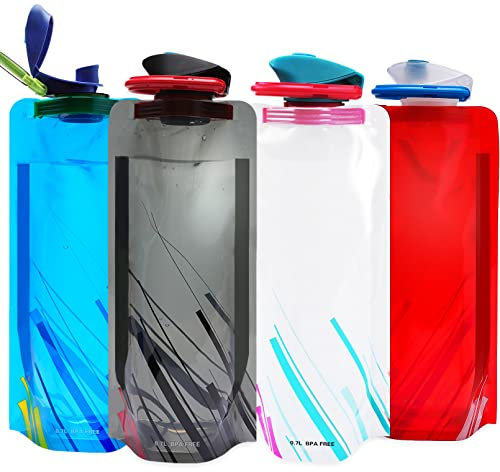 4 Stück Faltbare Wasserflaschen,700ML Wiederverwendbare Faltbare Trinkflasche,Flexible Zusammenklappbare Wasserflasche,Tragbare Faltbarer Wasser-Flaschen mit Karabiner für Wandern Reisen Abenteuer