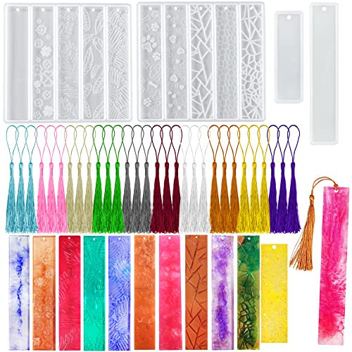 Senhai Lesezeichen-Formen aus Kunstharz, rechteckige Blätterstruktur, Blumenform, Lesezeichen-Formen für Epoxidharz (12 Stile) mit 30 bunten Quasten, 3D-DIY-Herstellung, handgefertigte Dekoration