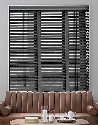 BOTOWI Filtered Light Wooden Window Blinds for Windows, Plantation Blinds for Interior Windows, Wood Window Blinds 5cm Slats, Room Darkening Privacy Blackout Shutter Curtains,Black,140x240L(cm)