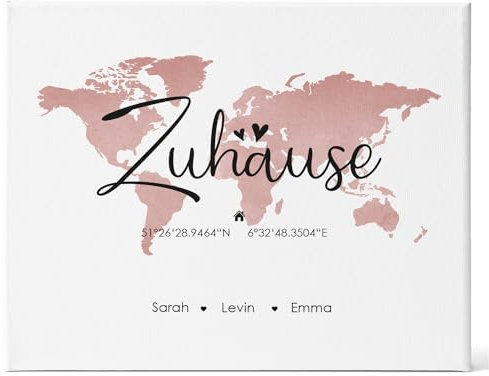 GRAVURZEILE Personalisierte Leinwand Zuhause Personalisiert mit Namen & Koordinaten - Moderner Kunstdruck auf Leinen - Wand Dekoration im minimalen Look - Geschenk für Familien Sie & Ihn - Rot