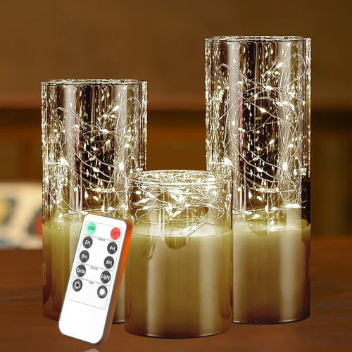 HIYAA LED Candles Gray Glass Flameless Candles with Remote, Set of 3 Real Wax Battery Operated Candles with Fairy String Lights, Warm Light Pillar Candles with Timer, D3'' x H4''/5''/6''