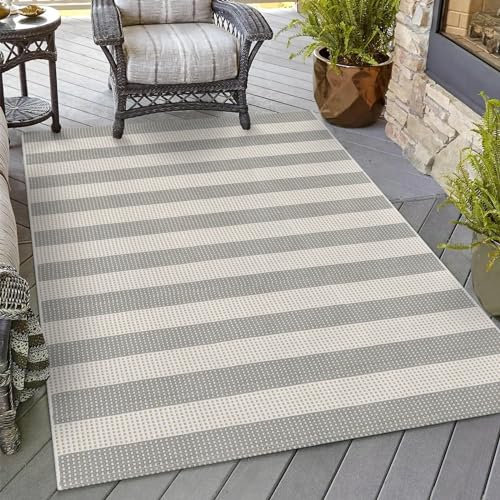OJIA Outdoor-Teppich, 1,2 x 1,8 m, grau und weiß gestreift, Terrassenteppich, waschbar, gewebte Baumwolle, für drinnen und draußen, Wohnzimmerteppich, karierter Teppich, Bodenteppich für
