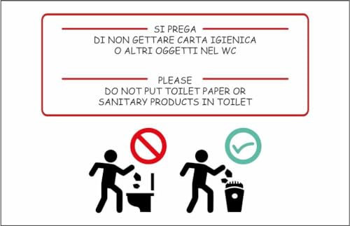 M-ITALY CARTELLO SEGNALETICO - vietato gettare carta nel wc - Adesivo Extra Resistente, Pannello in Forex, Pannello In Alluminio (15x10, Adesivo)