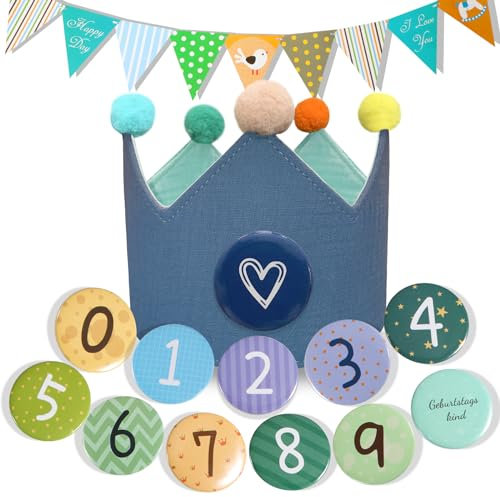 MutoToy Geburtstagskrone Musselin mit Zahlen, Geburtstagsbanner, Wiederverwendbar Geburtstagskrone für Mädchen Junge, Krone Geburtstag mit Button Zahlen von 0-9, Party Deko Hut für Kindergeburtstag