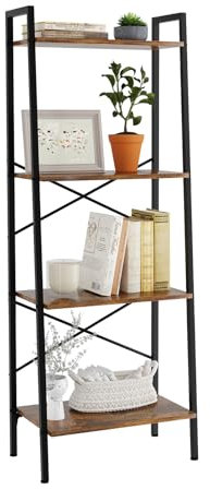 Oak & Tea Ladder Shelf, Ladder Bookcase, 4-Tier Bookshelf, 150 x 32 x 56 cm, Steel Frame, Industrial Style, for Home Office Study Living Room Bedroom