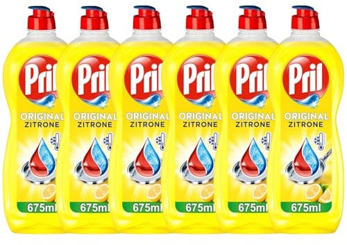 PRIL Original Zitrone (6x 675 ml), Handgeschirrspülmittel mit höchster Fettlösekraft, für sauberes Geschirr auch in kaltem Wasser, frischer Zitronenduft