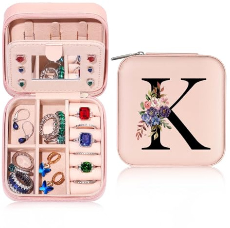 Parima Reise Schmuckkästchen Mädchen - Kleine Schmuckschatulle für Damen | Reiseschmuckaufbewahrung mit initiale K | Schmuckbox Jewelry Box für Ringe,Armbänder,Ohrringe | Geschenke für Frauen