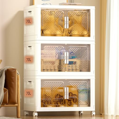 pioncrey 3 Packs Storage Boxes with 1 Lid, 70L*3 Large Capacity Stackable Storage Boxes, Plastic Collapsible Storage Box, Folding Storage Box with Wheels, Organization and Storage for Home and Office
