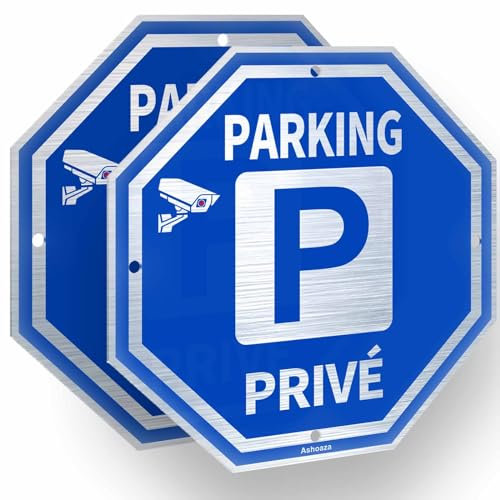Ashoaza Panneau Stationnement Interdit Aluminium, 2 Panneau Parking Privé, Panneau Interdiction de Stationner Vidéo Surveillance Octogonal 20 x 20 CM, Résistant aux Intempéries, Imperméable