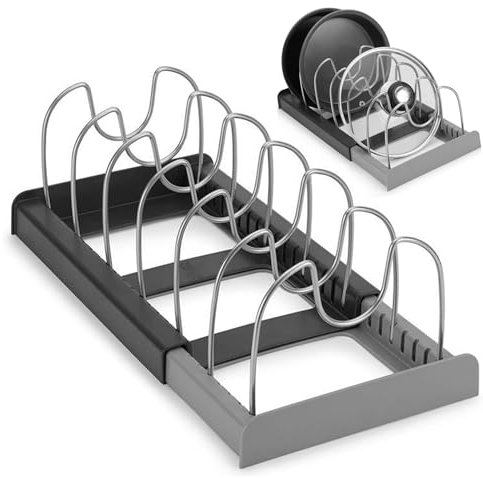 SWRCEYJH Soporte para tapas de ollas de ABS, soporte para tapa de ollas ampliable, organizador de tapa de olla, cajones, soporte para sartenes con 7 compartimentos ajustables para tapas, sartenes y