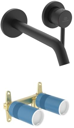 Set aus Ideal Standard A6938XG Ceraline Wand-Waschtischarmatur Wandmontage, Bad-Wandarmatur mit Auslauf, Mischbatterie Wasserhahn, Wassersparend, Schwarz (Silk Black) + A1313NU Unterputz-Bausatz 1
