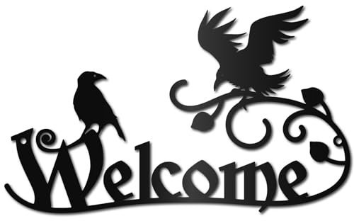 CREATCABIN Decorazione da Parete di Benvenuto in Metallo Corvo Nero Decorazione da Parete Corvi su Ramo Decorazione da Parete con Parola Appesa Cartello di Benvenuto per Porta D'Ingresso 30x18cm