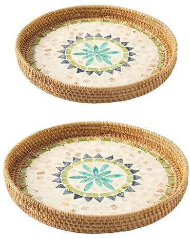 Basket Tray 2PCS Round Rattan Tray With Mother Of Pearl Inlay, Rattan Serving Tray With Wooden Base, Decorative Wicker Basket For Table Decor, Storage And Display Of Coffee Bread Food Fruit(Lime Green
