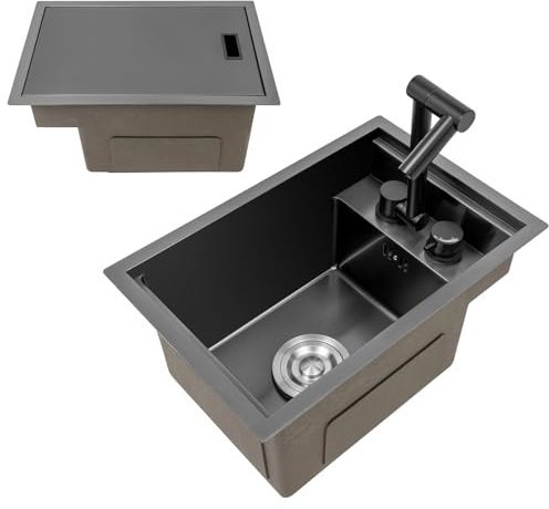 Fregadero de acero inoxidable con grifos plegables integrados, fregadero de cocina para caravana con tapa, fregadero bajo encimera para estación de trabajo, fregadero de un seno 45 x 30 x 23 cm